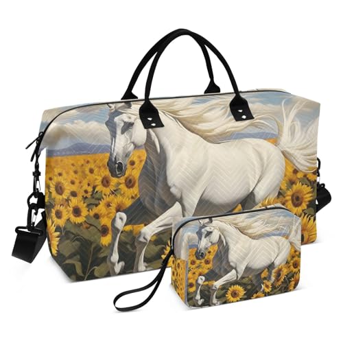 Horse Field Sunflowers Duffle Bag for Travel, Gym Bag with Multiple Interior Pockets for Men Women Overnight Purse Included 20.5 x 1.9 x 13.8 In