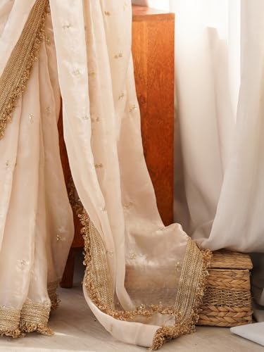 Image of AKHILAM Women's Shimmer Off White Georgette Sequence Embroidery Saree With Unstitched Blouse Piece