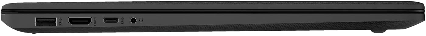 Left side of HP 17 Laptop showing power port, HDMI, USB-A, and headphone jack