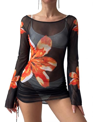 Image of ZAFUL Womens Swimsuit Cover Up Dress Off Shoulder Hollow Coverup Bathing Suit Mesh Swim Beach Dress