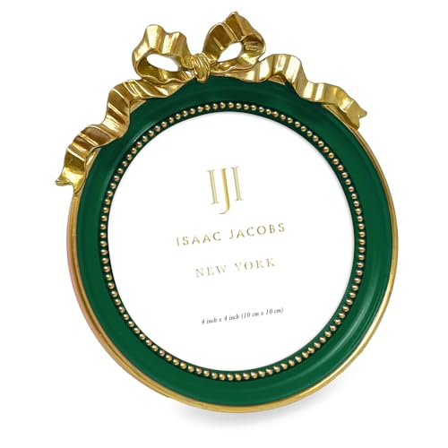 Isaac Jacobs 4x4 Green & Gold Round Picture Frame with Ribbon Bow