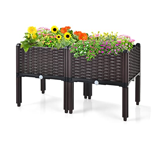 TANGZON Set of 2/4 Garden Raised Bed, Elevated Flower Plant Box with Self-Watering Device and Drainage Holes, Herb Vegetable Planter Container for Yard, Balcony & Patio (2 Sets, Brown)