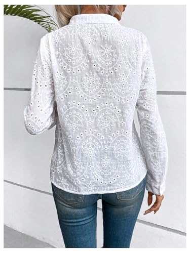 SweatyRocks Women's Notched V Neck Roll Up Sleeve Button Down Eyelet Blouses Tops2