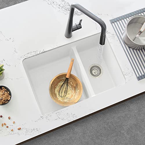 Image of Stylish 27.25 x 18.75 Inch Drop In or Undermount Kitchen Sink Double Bowl Workstation 9.5 Inches Deep Granite Composite Kitchen Sinks with Regular Strainers White, S-827H