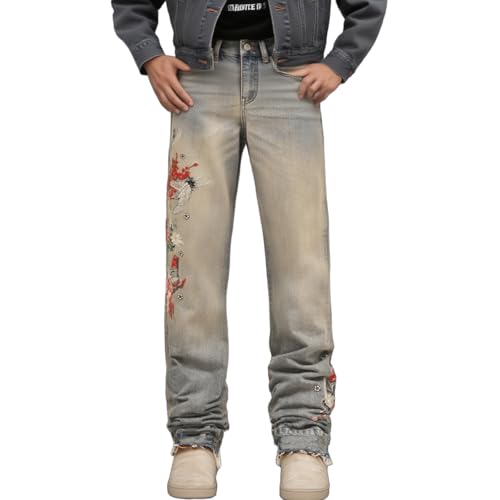 Floral Embroidered Jeans for Men Straight Leg Y2k Vintage Washed Stretch Denim Pants Raw Hem Hip Hop Street Trousers