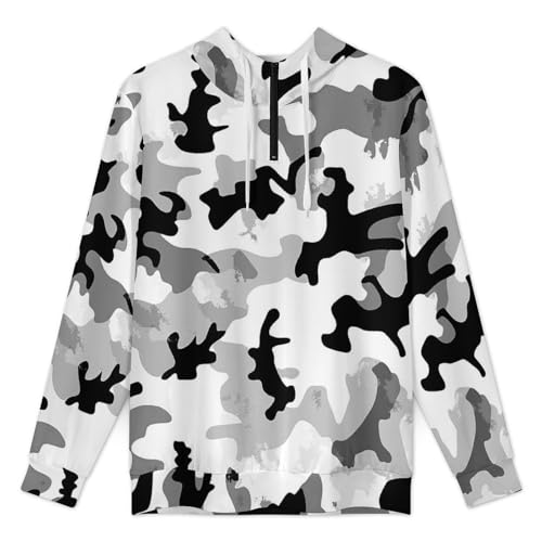 Military Camouflage Black And White Hunting Men's Quarter Zip Drawstring Hoodies Long Sleeve Sweatshirt Casual Pullover3