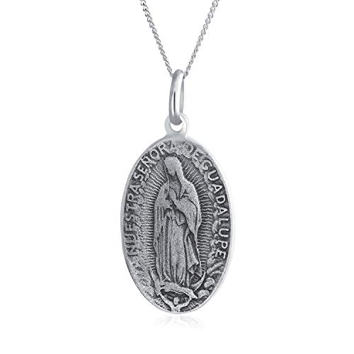 Religion Our Lady Of Guadalupe Oval Virgin Mary Medal Medallion Pendant Necklace For Women Oxidized 925 Sterling Silver