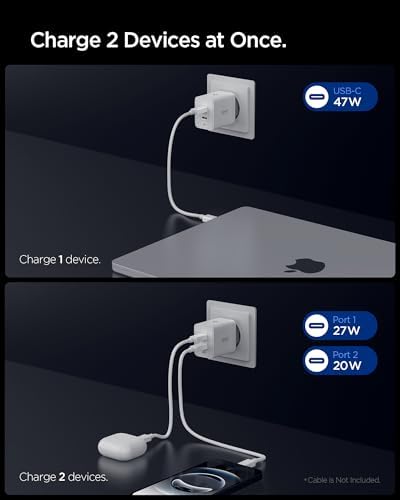 Spigen 47W USB-C 2 Port Mini Hızlı Şarj Aleti PPS 2.0 Desteği/Isı Düşürücü GaN Pro Destekli Akım Korumalı Güç Adaptörü iPhone & Android & iPad & MacBook Type-C White - ACH08707 - Görsel 3