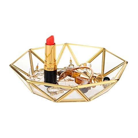 Feyarl Small Trinket Dish Jewellery Tray Glass Jewelry Dish Plate Ornate Ring Earring Candy Organizer Tray Decorative Display Tray Vanity Tray (Octagonal Tray) Cover