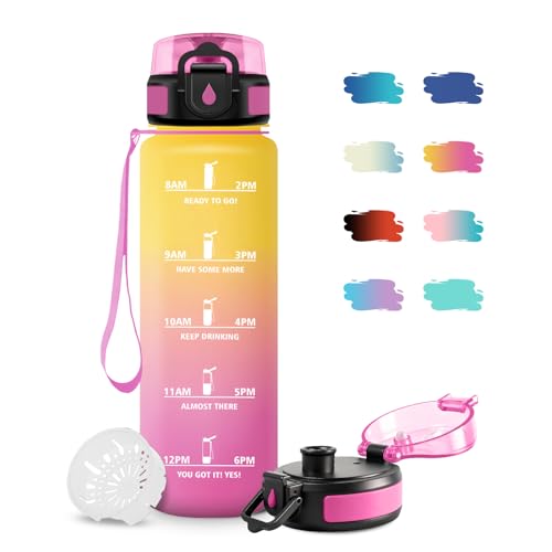 JAPORIA Gourde Sport 1L, Gourde avec Filtre, sans BPA, Étanche et Réutilisable, Bouteille d'eau de Motivation avec Marqueur de Temps, Bouteille Réutilisable pour l'école, Sport, Bureau, Yoga, Camping