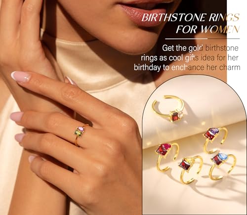 Birthstone Rings for Women Non Tarnish Gold Rings Mothers Day Gifts Birthday Gifts for Teen Girls Dainty 14K Plated Adjustable CZ Stacking Promise Ring Christmas Stocking Stuffers Anniversary Jewelry for Friend Sister Girlfriend Mom