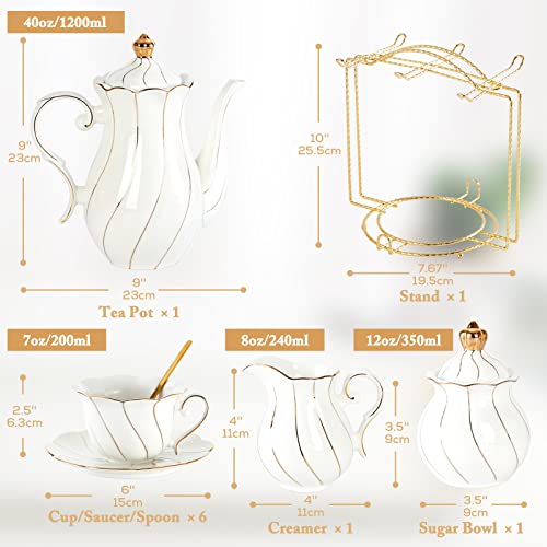 Dujust 22 Pcs White Porcelain Tea Set For 6, Luxury British Style Tea/Coffee Cup Set With Golden Trim, Beautiful Tea Set For Women, Tea Party Set, Gift Package (Including A Stand) - White #TOP5