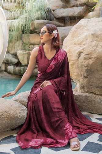 Image of MIRCHI FASHION Women Saree Floral Print Chiffon | Lightweight Festive Occasion Sari for Farewell and Functions with Unstitched Blouse Piece