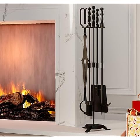 Fire Beauty Fireplace Tools Set 5 Pieces Wrought Iron Fire Tool Set for Outdoor/Indoor Fireplace Accessories Set Cover