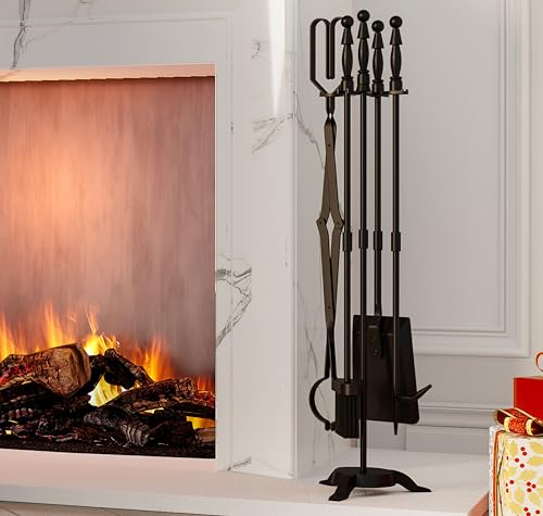 Accesorios de Chimenea 48 Fire Beauty - Juego de 5 herramientas de fuego de hierro forjado, juego de accesorios para chimenea de exterior e interior