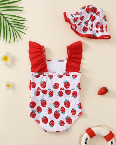 Image of Toddler Girl Swimsuit Baby Girl Bathing Suit Long Sleeve Floral Zipper One-Piece Rash Guard Swimsuit with Hat
