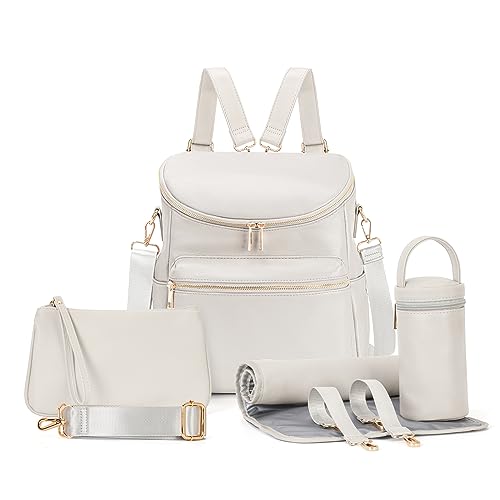 Image of Minsong Diaper Bag Backpack, Fashion Leather Mommy Backpacks, Travel Baby Diaper Bags with in Bag Organizer and Changing Pad (Pearl White)
