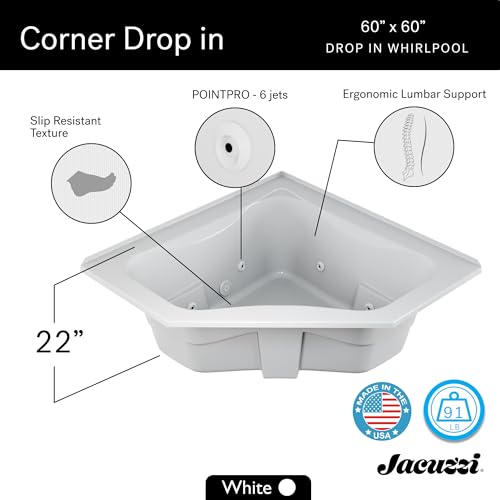 JACUZZI SIGNATURE Acrylic Whirlpool Corner Drop-In Bathtub with 6 Jets, Slip Resistant, Center Drain Placement, Right Hand Equip, 60” (L) x 60” (W), White