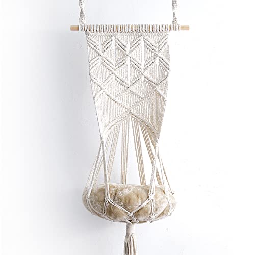 Macrame Cat Hammock Bed With Cushion - Cute Cat Hanging Bed - Hang On Wall, Ceiling, Window Or Headboard, Boho Room Decor, Hanging Kit Included, Floating Cat Shelf Macrame Decor, Boho Wall Hanging #TOP6