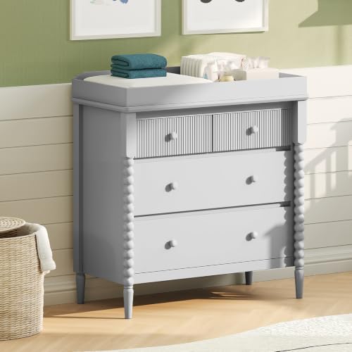 Image of JOINICE Grey Nursery Dresser with Changing Table, 4 Drawers for Storage | Jenny Lind Spindle Style Dresser and Removable Baby Changing Station Combo for Kids Bedroom, Anti-Tip Kit for Safety