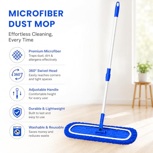 Image of Zureni 4 ft Microfiber Flat Mop with Long Adjustable Telescopic Handle Replaceable Wet and Dry 360 Degree Floor Pocha Cleaning Tool for Home and Kitchen (18 inch Head and 3 Extra Refill, Blue)