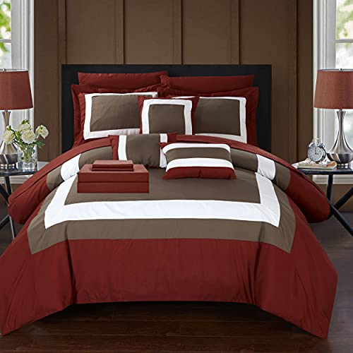 Chic Home Cs1458-An Cs1458-Wt 10 Piece Duke Patchwork Color Block Complete King Bed In A Bag Comforter Set Brick Sheets Included #TOP4