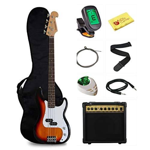 Beginner Series Bass Guitar Bundle with 15-Watt Amp, Gig Bag, Instrument Cable, Strap, Picks, and Polishing Cloth – Sunburst