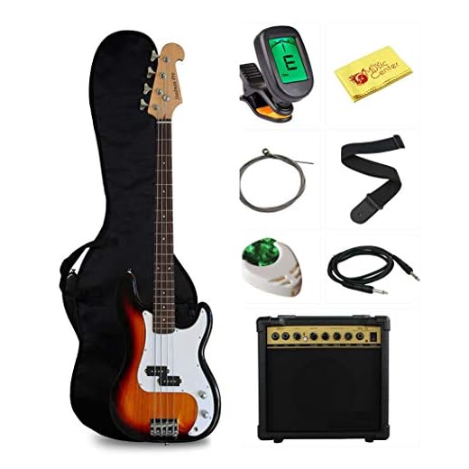 Stedman Pro Beginner Series Bass Guitar Bundle with 15-Watt Amp, Gig Bag, Instrument Cable, Strap, Picks, and Polishing Cloth - Sunburst