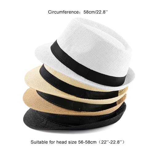 FALETO Unisex Summer Panama Straw Fedora Hat Short Brim Beach Sun Cap Classic (#011 Pack for 4 Colros)