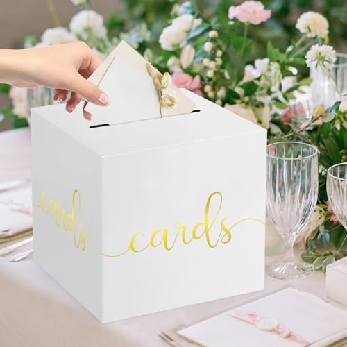 Image of Hooqict White Card Box with Slot 9.1 inch Gold Foil Gift Card Box Holder for Party, Graduation, Wedding Reception, Retirement Party Decorations, Raffle Ticket Money Envelope
