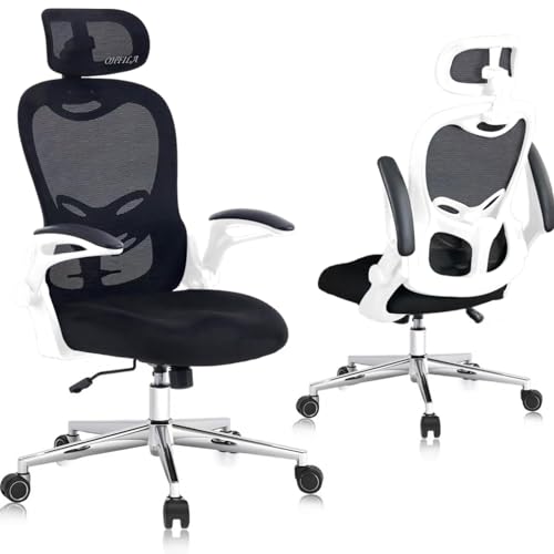 Image of OHFILA Office Chair, Ergonomic Breathable Mesh Chair,Flip-Up Arms and Adjustable High Back Lumbar Support,Comfy Computer Chair for Home Office (Black/White, 407)