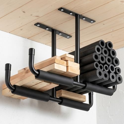 kenaeooe 4 Pack Overhead Garage Storage Hooks Heavy Duty Ceiling Mount Hangers Double T-Bar Steel Ladder Rack Space Saving Utility Hooks for Bike, Lumber, Pipe, Fishing Rod, Sports Equipment, Black by kenaeooe - Used condition - Image 7
