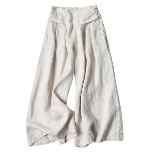 Women's Culottes Linen Blend Pants Wide Leg High Rise Casual Capris with Pockets