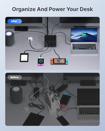 Image of Gitryin 12-in-1 Desktop Charging Station with 3 Retractable Type-C Charger Blocks, 1 Micro Charger and 1 Lightning Charger, 4 USB C Ports, 160W Fast Charging Hub with 33.5in Cable for Multiple Devices