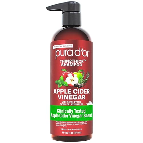 Image of PURA D'OR Apple Cider Vinegar Thin2Thick Shampoo - Biotin, Castor Oil for Reduced Frizz, Split Ends, Clarifying & Detox, No Parabens, No Sulfates, All Hair Types, Men & Women 16 Fl Oz