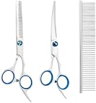 3 Pièces Ciseaux de grooming pour chiens Set avec sécurité Conseils ronds en acier inoxydable Kit de g Rooming pour animaux de compagnie utilisé pour chiens Chats Animaux avec ciseaux de coupe, Coucher mince, Peigne de salle (bleu, 3in1)
