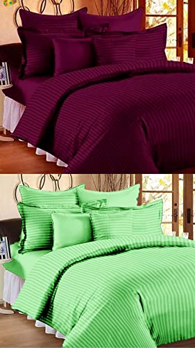 Image of Combo Pack of 2 Cotton Satin Stripes Plain Bedsheets for Double Bed with 4 Pillow Covers for Home, Hotels Rooms, Guest House (Color- Maroon & Parrot)