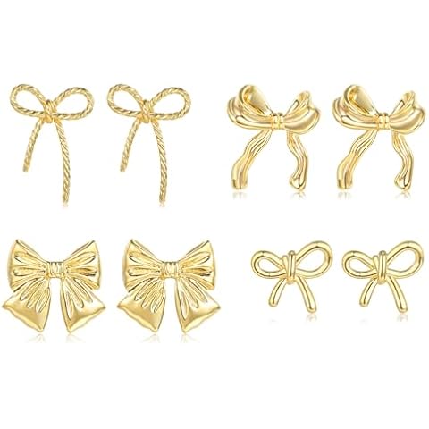 ZRU 4 Pairs Sterling Silver Bow Earrings Set for Women, Hypoallergenic 925 Sterling Silver Ribbon Bow Dangle Drop Earrings Tassel Christmas Jewelry Valentines Gifts-gold Cover