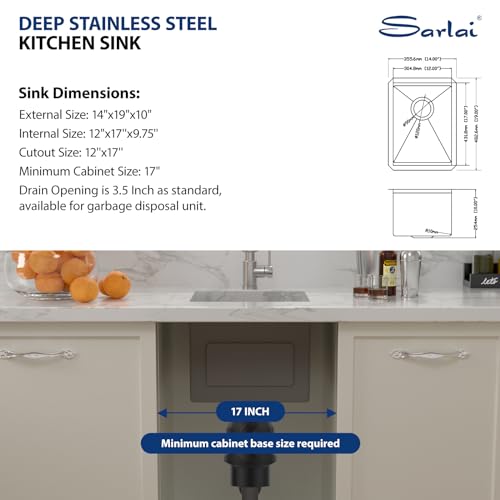 Image of Sarlai 14 Bar Sink Undermount 14 x 19 Inch Workstation Bar Prep Small Sinks