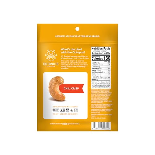 Image of Octonuts Chili Crisp Cashews - Roasted in Almond Oil (5oz) Bold Chili and Garlic Crunch - Plant Based Protein Snack - Healthy, Vegan & Non-GMO Verified