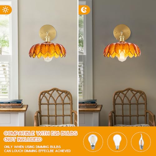 Image of Amber Glass Wall Sconce Brushed Gold Vanity Light 1-Lights Brass Bathroom Light Fixtures Vintage Modern Wall Sconces for Over Mirror Flower Wall Lighting Farmhouse Bath Vanity Lights