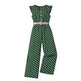 Asbabiy Girls' Casual Ruffle Edge Sleeveless Polka Dot Jumpsuit Fashion Cap Sleeve Belted Wide Leg Romper 1 Piece Outfits Set (10-11Y(55-58 IN),Green)