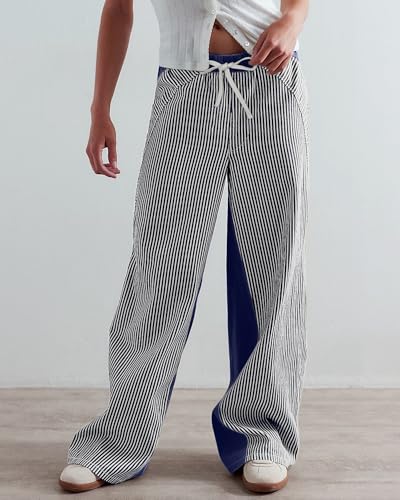 Image of PEIHOT Low Rise Striped Pants for Women Pull On Drawstring Boho Wide Leg Jeans Trendy 2026