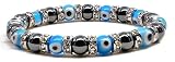 Accents Kingdom Women's Magnetic Hematite Tuchi Simulated Pearl Light Blue Evil Eyes Stretch Crystal