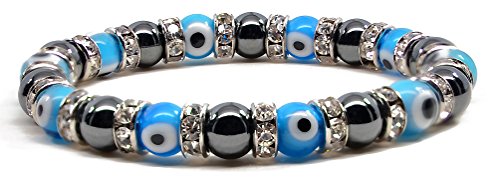 Accents Kingdom Women's Magnetic Hematite Tuchi Simulated Pearl Light Blue Evil Eyes Stretch Crystal Beads Bracelet, 7.5" #TOP20