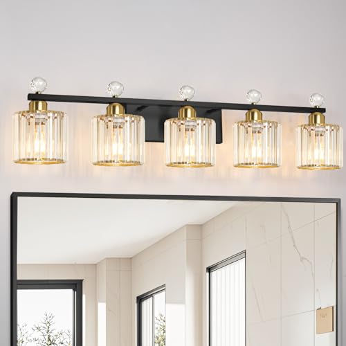 Image of 5 Light Black and Gold Vanity Light, Modern Crystal Bathroom Vanity Lighting Fixtures, Bath Wall Mount Lights with Clear Crystal Glass Shade, Wall Sconce Light for Mirror Bedroom Living Room, E26 Base