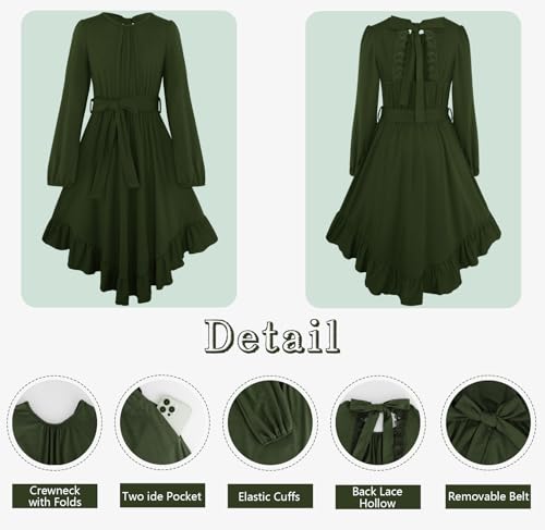 Girls Boho Dress Teen Long Sleeve Lace Backless Tie Back High Low Swing Pocket Dresses with Belt Size 5-16 Years