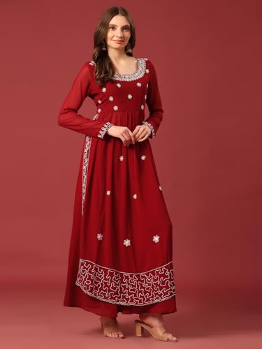 Image of PH POSHAKHUB Women A-Line Nyra Cut Kurta with Sharara in Georgette with Aari Work