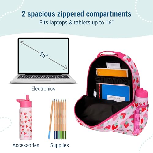 Image of Wildkin Kids Backpack for Boys & Girls, ECO rPET Recycled Lightweight 17 inch Large Bookbag with Padded Straps - Ideal for Middle School, Travel & Daycare, Ages 7-14 - Strawberry