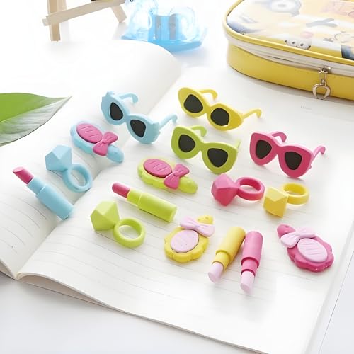 Image of Radiance Novelty 3D Eraser Set - Cute Makeup (Lipstick & Ring) and Sunglasses Designs - Bulk School Supplies, Party Favors, Classroom Prizes for Kids Girls (12 Pack Assortment)